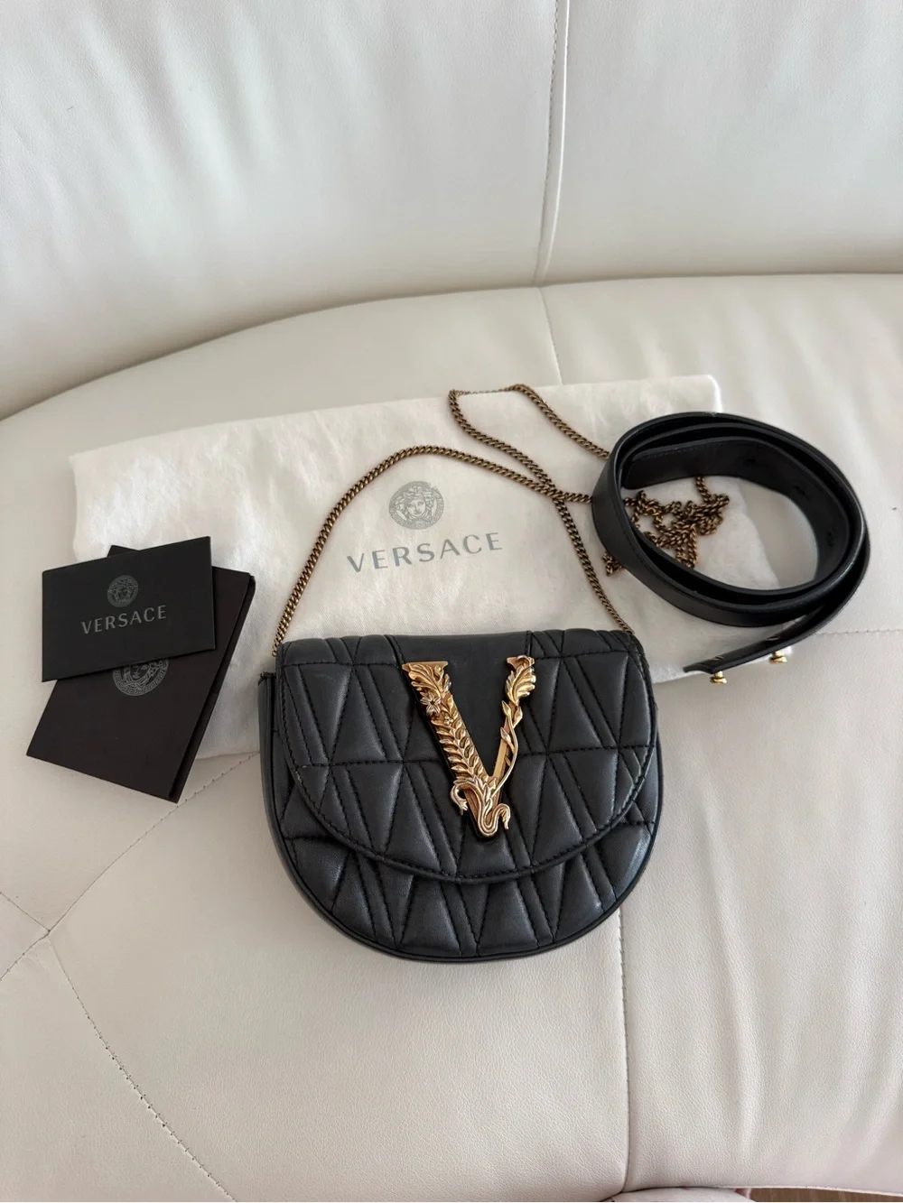 Versace Black Quilted Leather Crossbody with Gold V Accent